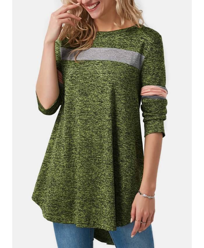 Curved Hem Round Neck Patchwork T Shirt